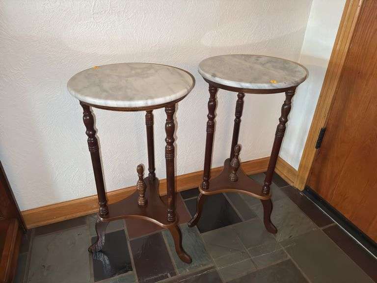 (2) Round Marble Top & Mahogany Tone Wood Pedestal Plant Stands