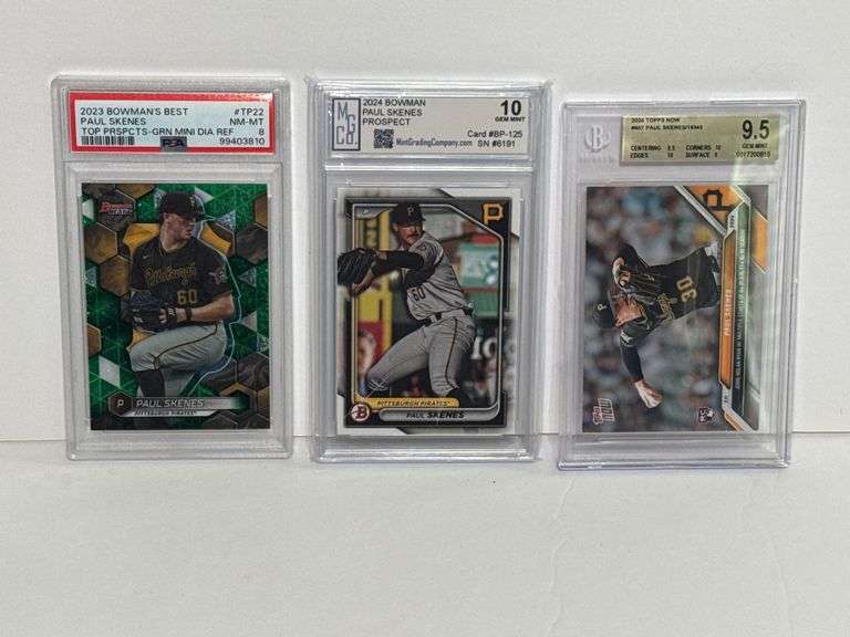 2024 Topps Now Paul Skenes (BGS 9.5), 2024 Bowman Paul Skenes Prospect (MGC 10), and 2023 Bowman’s B