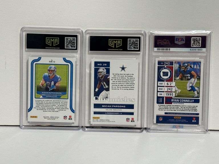 2022 Donruss Aidan Hutchinson “Elite Series” RC (GMA 10), 2021 Chronicles Micah Parsons RC (GMA 10),