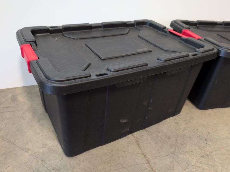 (2) black Sterilite industrial storage containers with red handles