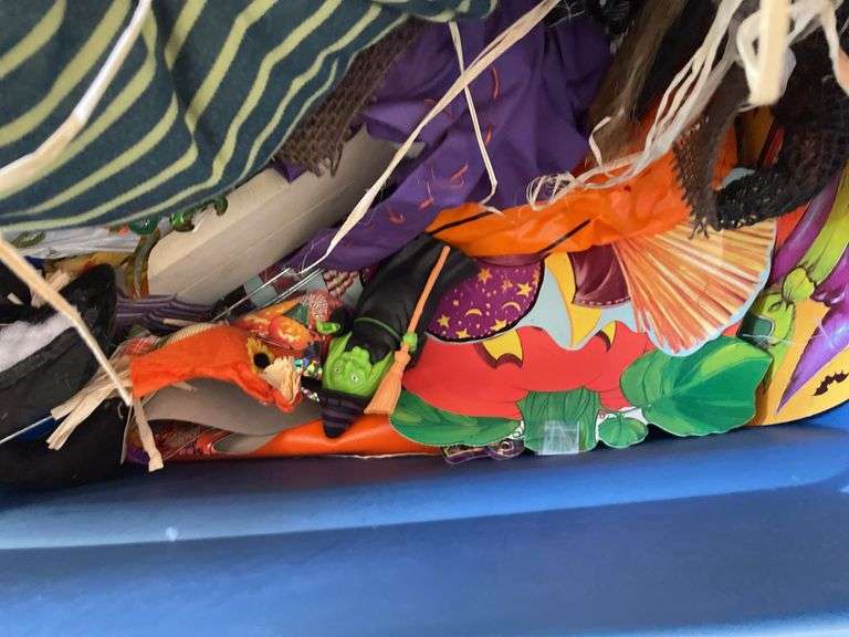 2 TOTES OF HALOWEEN DECOR AND A CHRISTMAS TREE