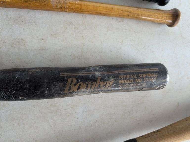 (2) wooden bats, metal bat, and plastic bat