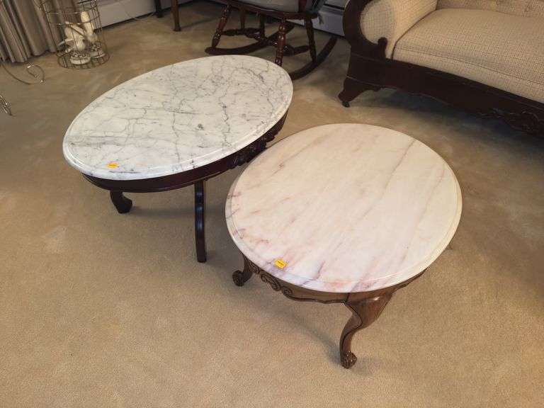 (2) Vintage Victorian Style Marble Top Coffee Tables
