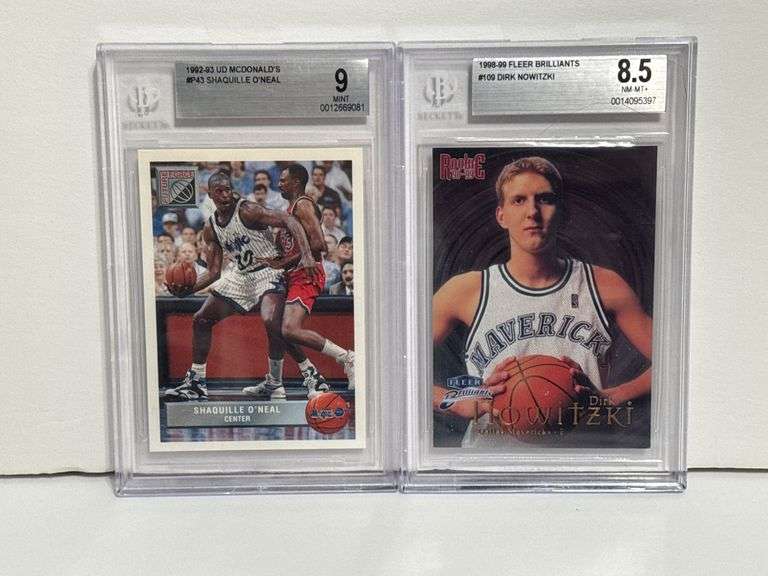 1992-93 UD McDonalds Shaquille O’Neal (BGS 9) and 1998-99 Fleer Brilliants Dirk Nowitzki RC (BGS 8.5