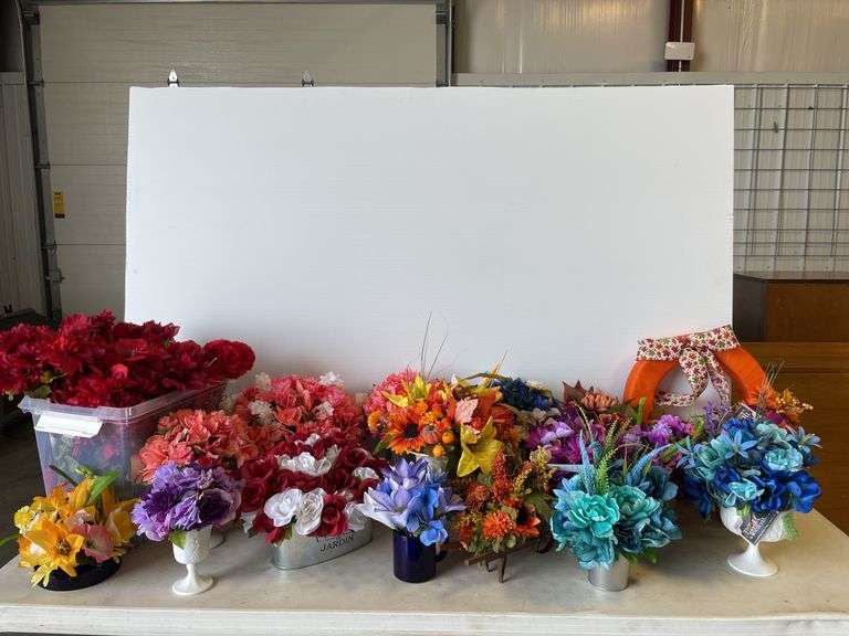 Large lot of faux flowers - some w/ vases