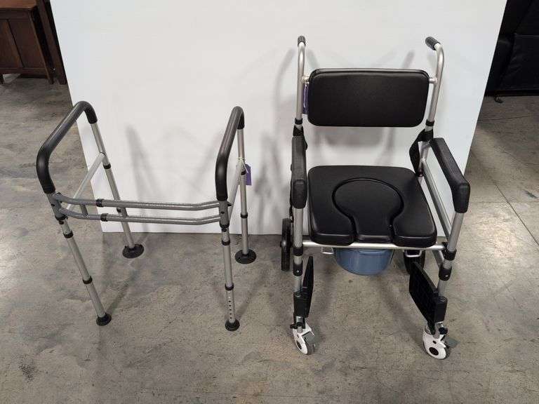 Shower chair with bucket and wheels and toilet safety rails