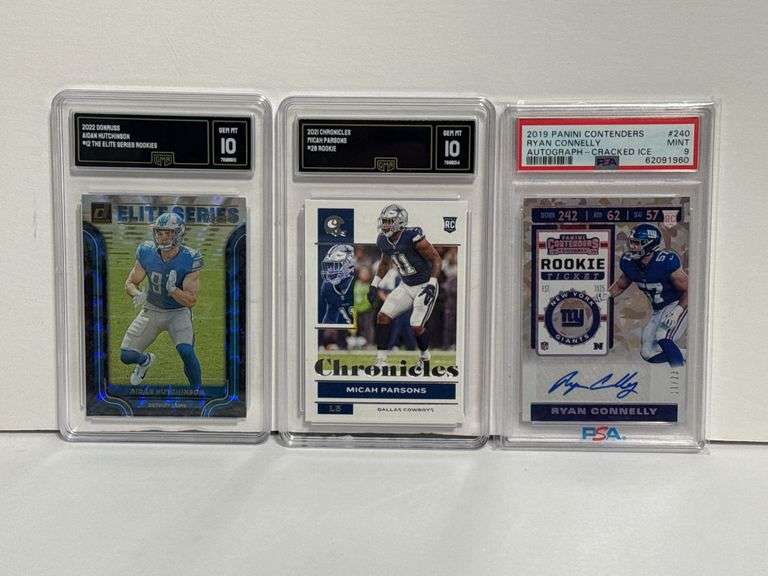 2022 Donruss Aidan Hutchinson “Elite Series” RC (GMA 10), 2021 Chronicles Micah Parsons RC (GMA 10),