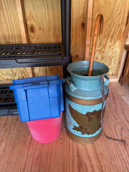 VINTAGE MILK CAN AND PLASTIC TOTES