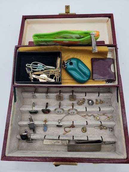 JEWELRY BOX WITH TIE CLIPS, CUFF LINKS & more