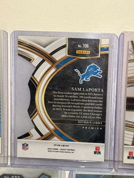 2023 Panini Select Jahmyr Gibbs RC, (2) 2023 Panini Prizm Sam LaPorta RC, (2) 2023 Panini Mosaic Sam