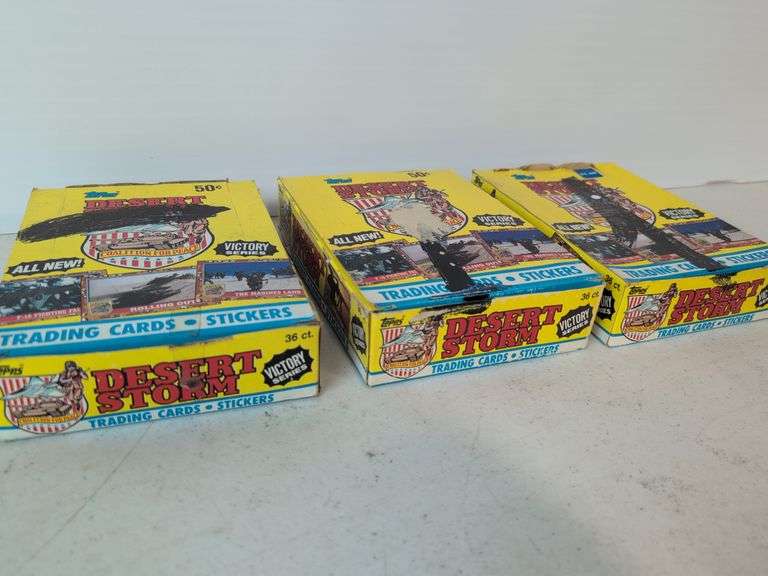 (5) Desert Storm trading card wax boxes- (2) factory sealed, and other Desert Storm cards and items