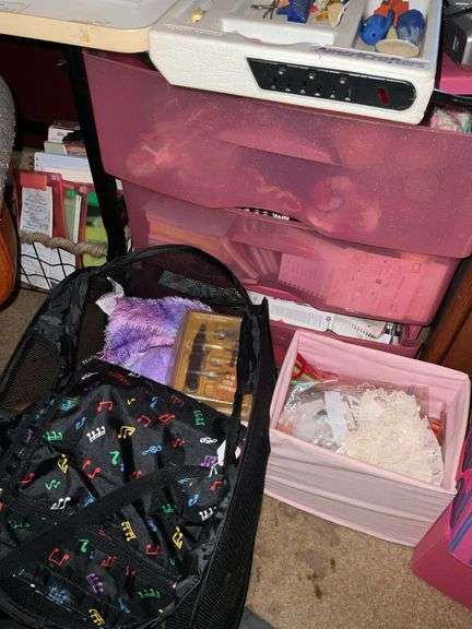 LARGE LOT OF SEWING SUPPLIES INCL. SINGER MACHINE, TABLE, OFFICE CHAIR