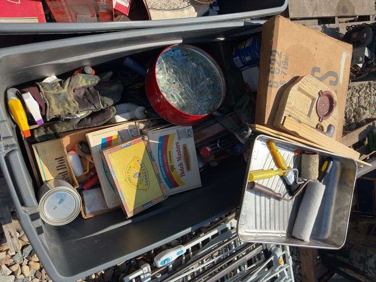Tote of items including Painting supplies, targets, misc. parts and more