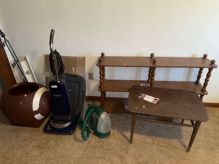 BISSELL LITTLE GREEN CARPET CLEANER, VACUUM SWEEPER, WOOD SHELF, TABLE, AND MORE