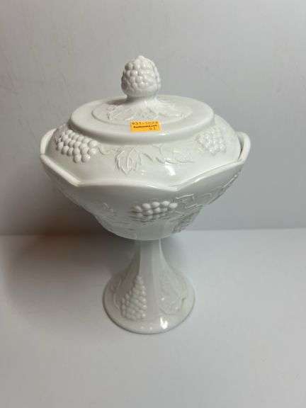 Indiana Glass Grape Milk Glass Compote with Lid