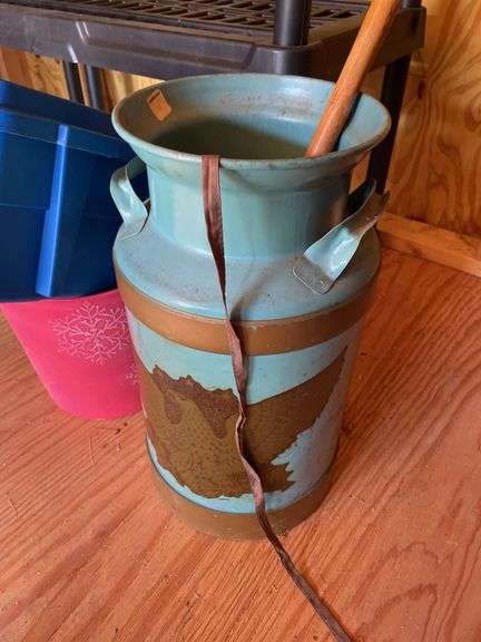 VINTAGE MILK CAN AND PLASTIC TOTES