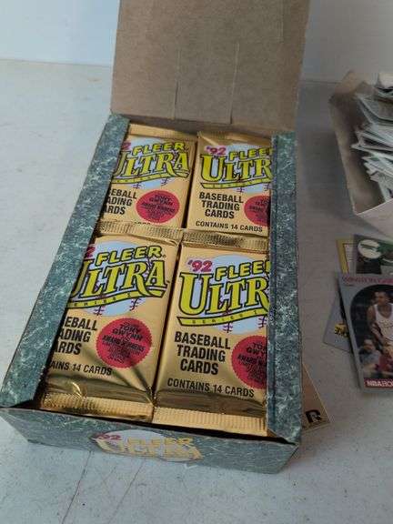 1992 Fleer Ultra baseball wax box with sealed cards and '92-'93 NBA Hoops wax box with trading cards