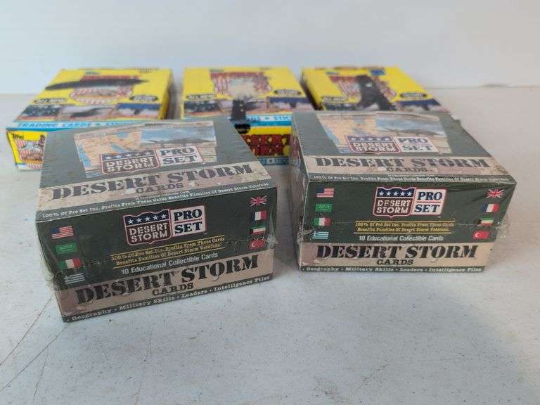 (5) Desert Storm trading card wax boxes- (2) factory sealed, and other Desert Storm cards and items
