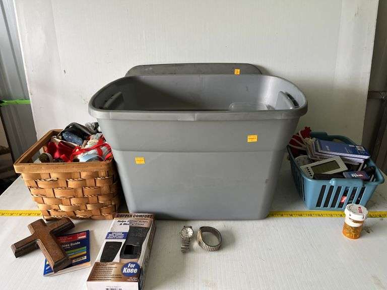 Tote with Basket, Sewing Supplies, Watches, Etc.