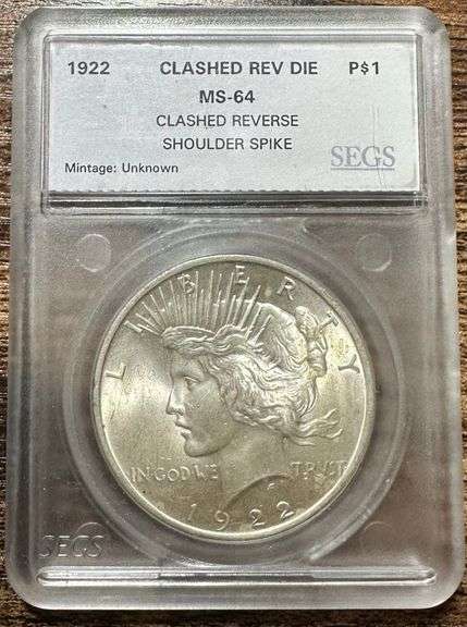 1922 Clashed Reverse Die Peace Silver Dollar MS-64 SEGS