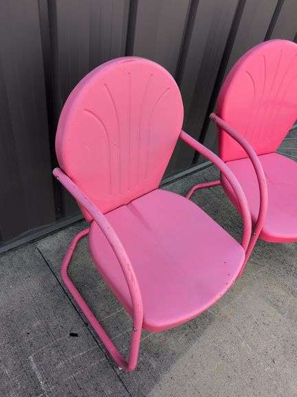 (2) matching red outdoor patio chairs