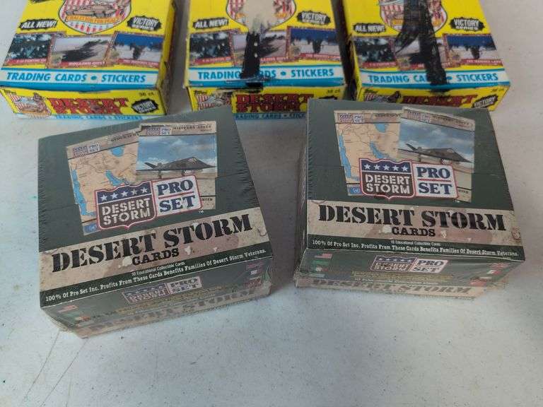 (5) Desert Storm trading card wax boxes- (2) factory sealed, and other Desert Storm cards and items