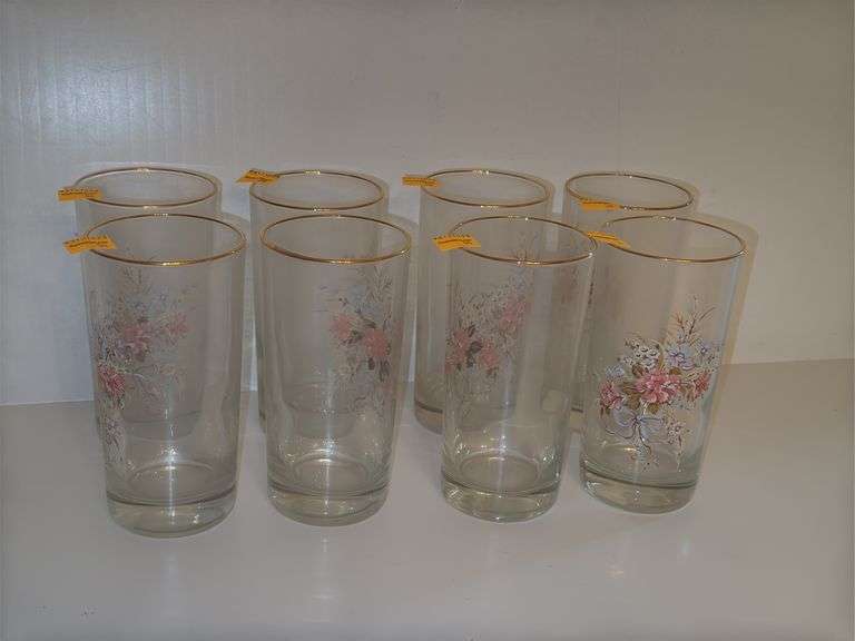 (8) Vintage West Virginia Glass Summer Bouquet Highball Cocktail Glasses