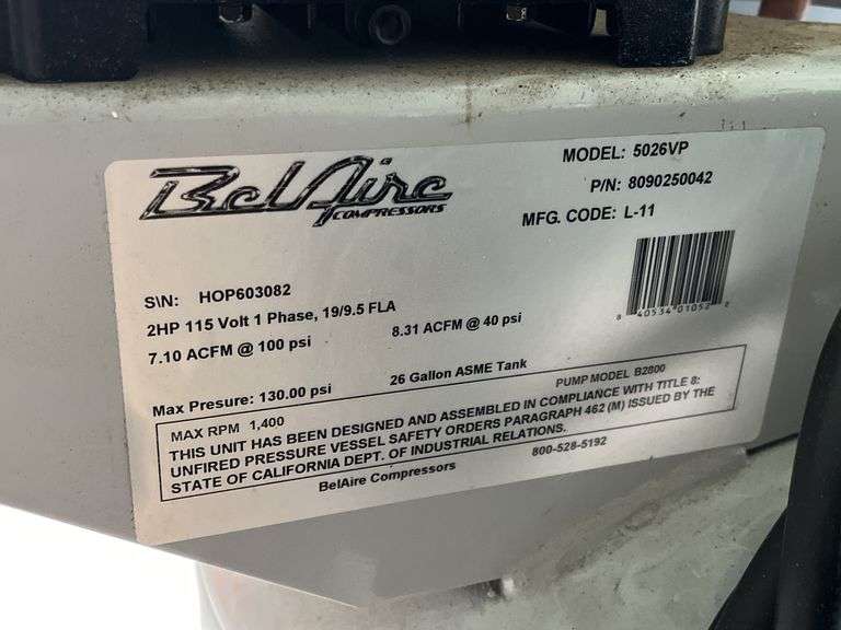BelAire Model 5026VP 26 Gallon Air Compressor
