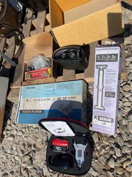 Craftsmen laser trac, telescopic adjustable floor jack, DVD player, binoculars and more