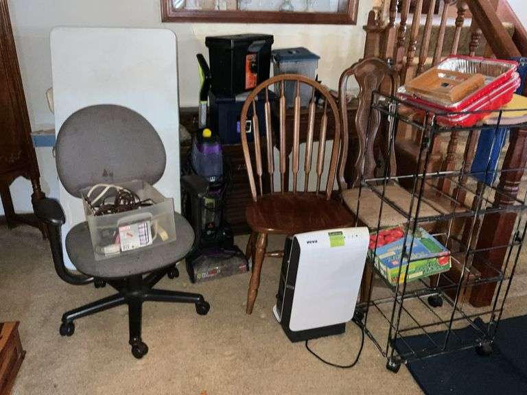 LARGE LOT OF CHAIRS, STANDS, BISSELL SWEEPER, ELECTRICAL CORDS