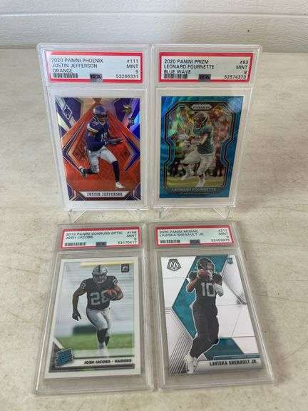 2019 Optic Josh Jacobs, 2020 Prizm Leonard Fournette, 2020 Phoenix Justin Jefferson, and 2020 Mosaic