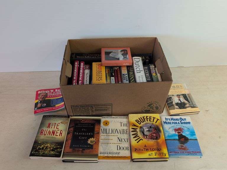 Box of books - historical, business, fiction, and more