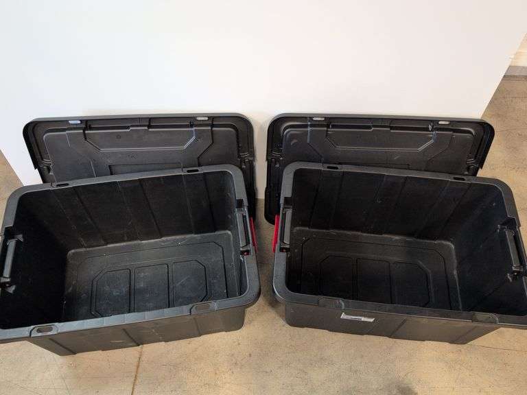 (2) black Sterilite industrial storage containers with red handles