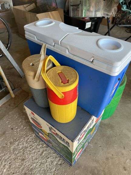 COOLERS, DRINK JUSGS, AND PORTABLE CAMPING TOILET
