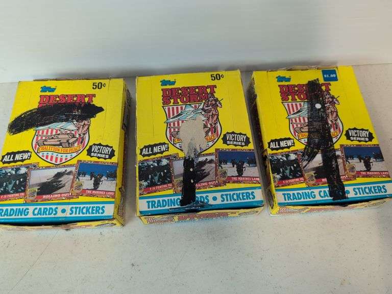 (5) Desert Storm trading card wax boxes- (2) factory sealed, and other Desert Storm cards and items
