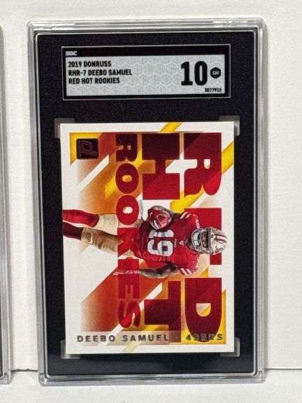2019 Donruss Deebo Samuel Red Hot Rookies RC (SGC 10) and 2023 Panini Score Sam Darnold Red (SGC 9)