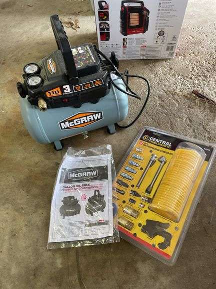 MCGRAW 3 HP AIR COMPRESSOR AND CENTRAL PNEUMATIC STARTER KIT