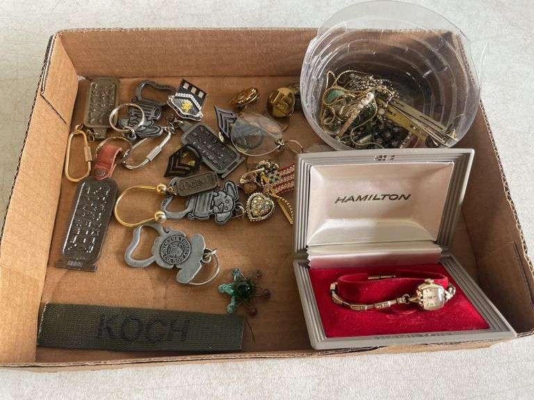 Vintage American pins, Hamilton watch, and jewelry