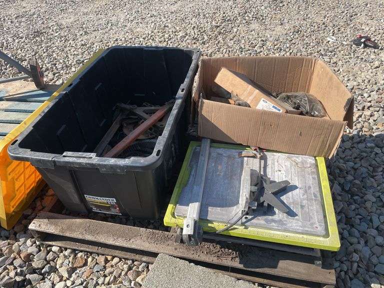 Pallet with AC all crop 66 combine parts, wet tile saw & more