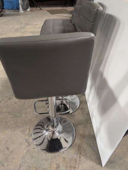 (4) matching grey leather swivel adjustable bar stools