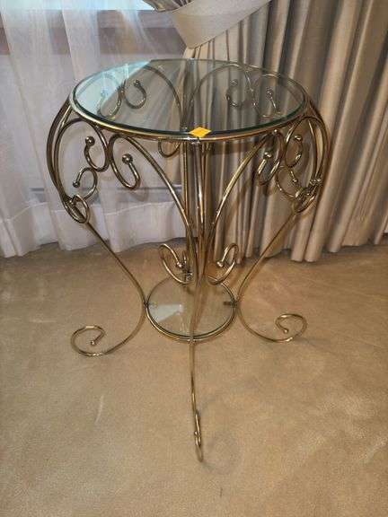 Vintage 2-Tier Glass Iron Rod French Revival Etagere End Table Plant Stand