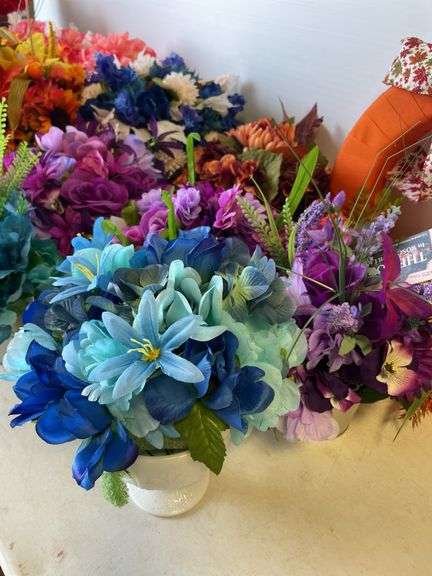 Large lot of faux flowers - some w/ vases