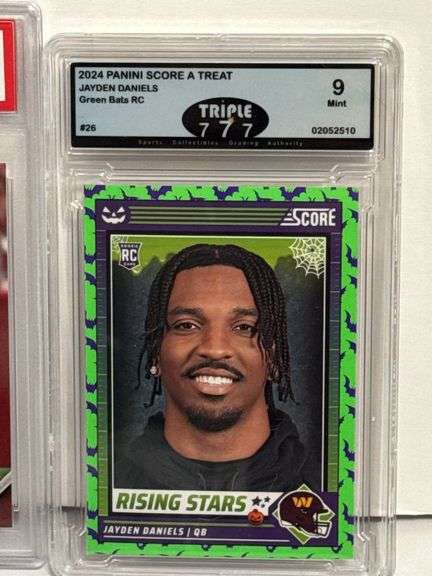 2024 Panini Score-A-Treat Jayden Daniels Green Bats RC (Mint 9) and 2024 Topps Now Jayden Daniels RC