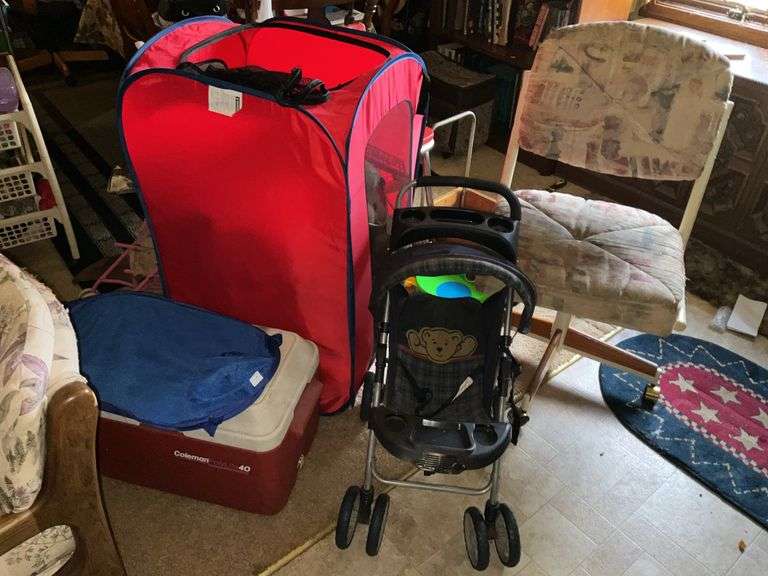 CHAIRS, ICE CHEST, STROLLER, AND BIN WITH TOYS