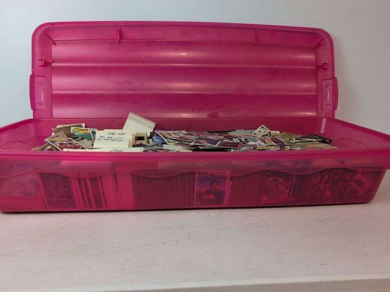 Tote full of 80s and 90s baseball, football, and basketball cards