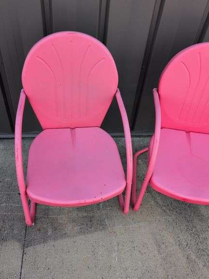 (2) matching red outdoor patio chairs