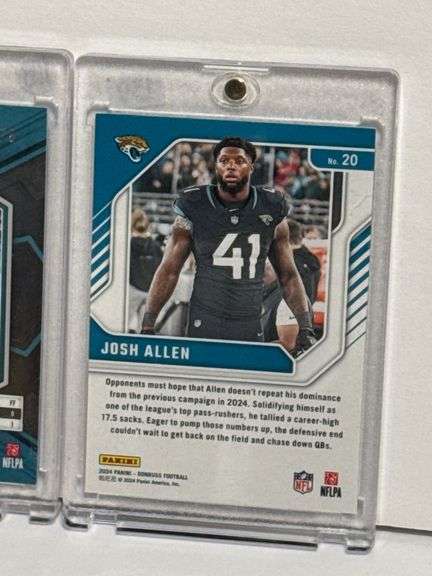 2024 Donruss Elite Series Josh Allen, 2023 Donruss Optic Josh Allen Aqua Refractor, and 2024 Panini