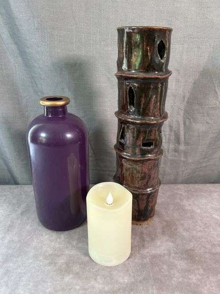 CANDLE HOLDER, PURPLE VASE & BATTERY CANDLE