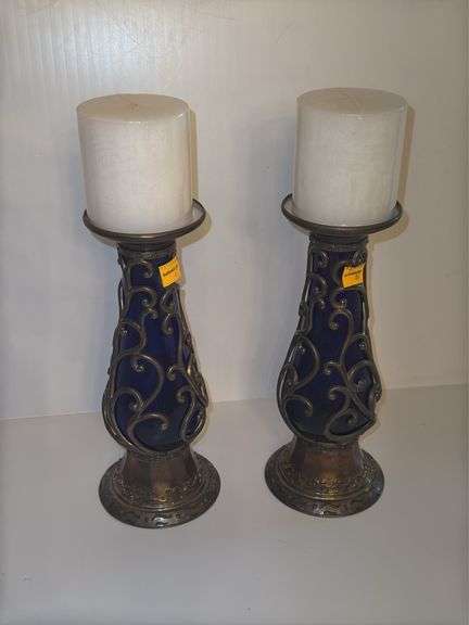 (2) Vintage 10" Pillar Candle Holders w/ Cobalt Blue Glass and Ornate Silver Metal Outline