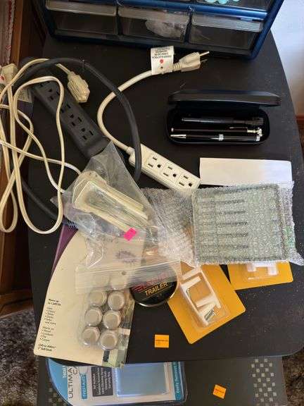 END TABLE, STANDS, CRAFT SUPPLIES, FLOOR LAMP